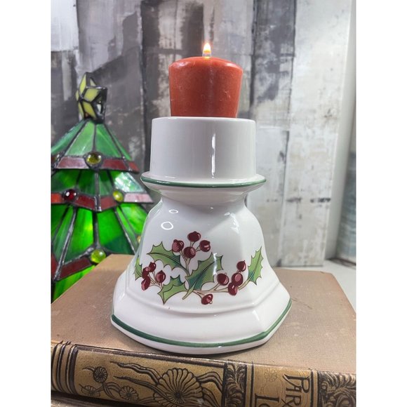 White Christmas Ceramic Holly Berry Votive Pillar Candle Holder Japan - Picture 1 of 12